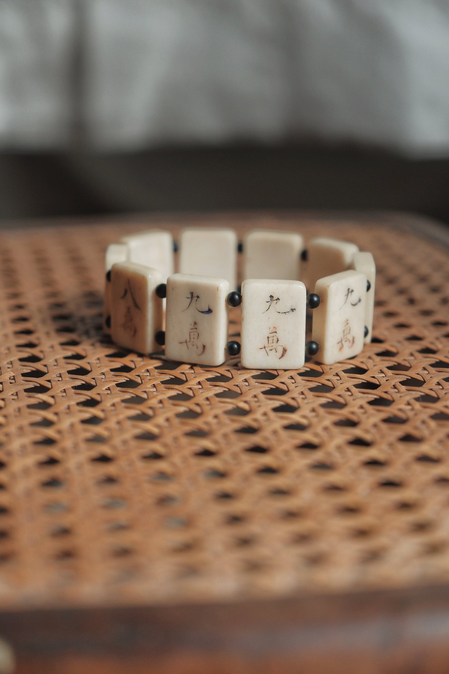 Hand-Carved Bone Mahjong Tile Bracelet