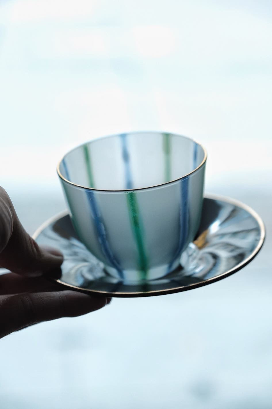 日本製•Hoya綠藍磨砂冷茶杯連碟(170ml)