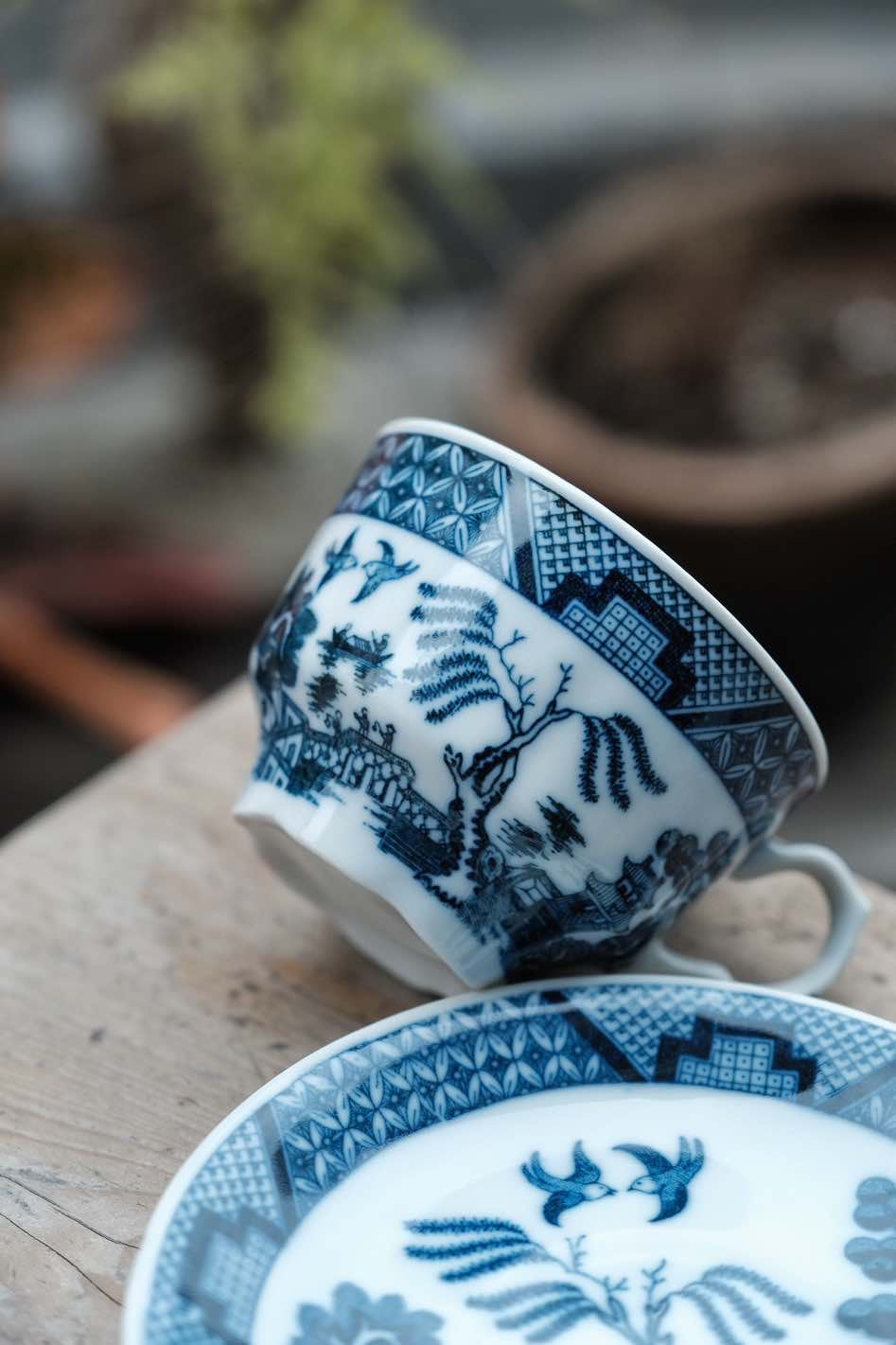 日本副廠製· 青花柳樹圖紅茶杯連碟(180ml)