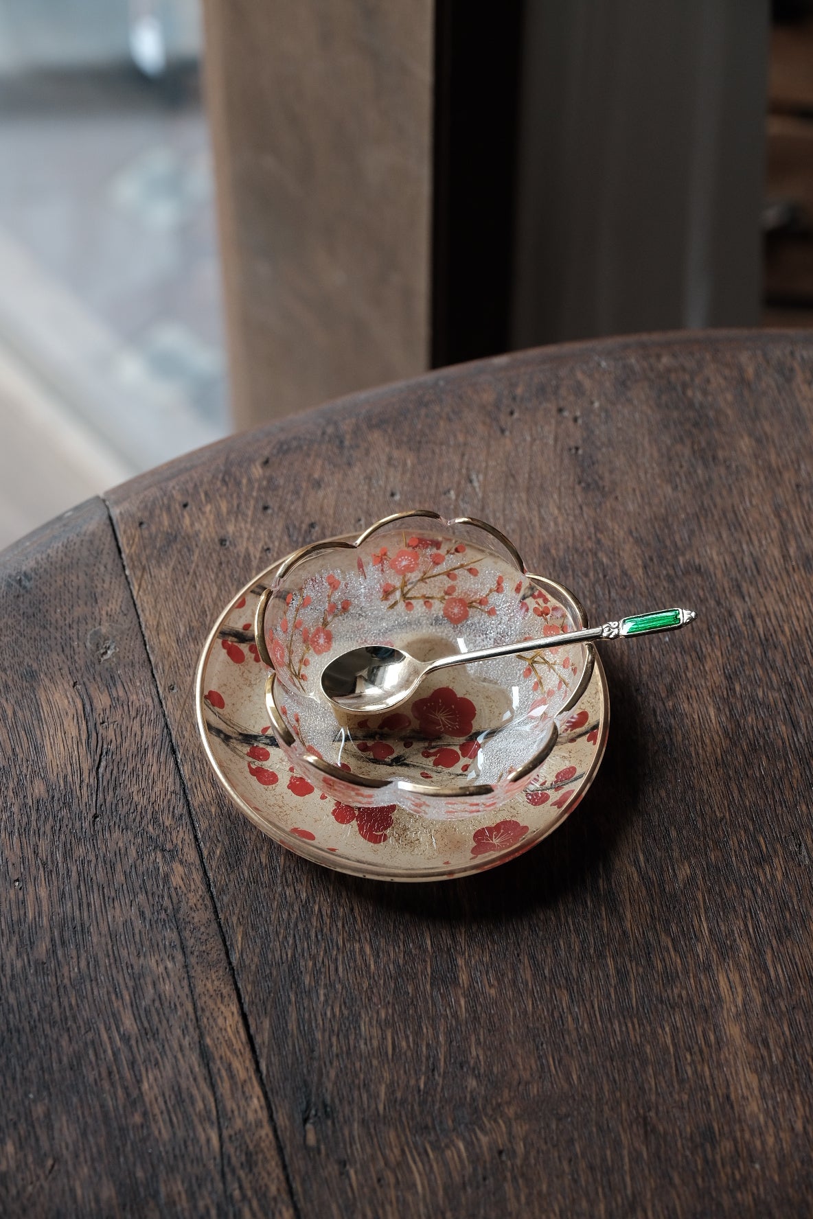 日本製•昭和描金光琳繪四季樹花缽連碟連小匙