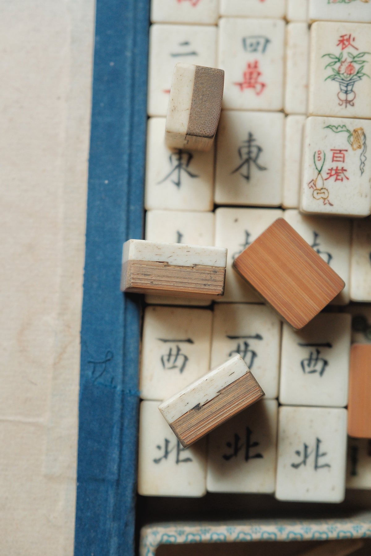 Vintage 1960s Hand-Carved Bone-and-Bamboo Mahjong Set