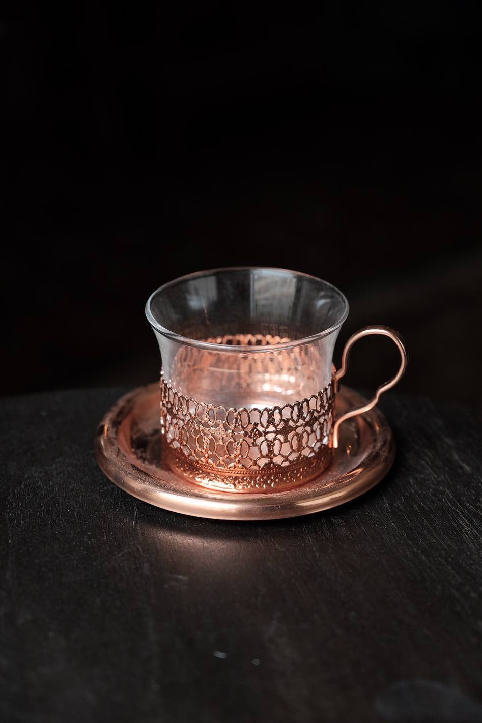 日本製· 紅銅鏤空花玻璃杯碟一套(170ml)