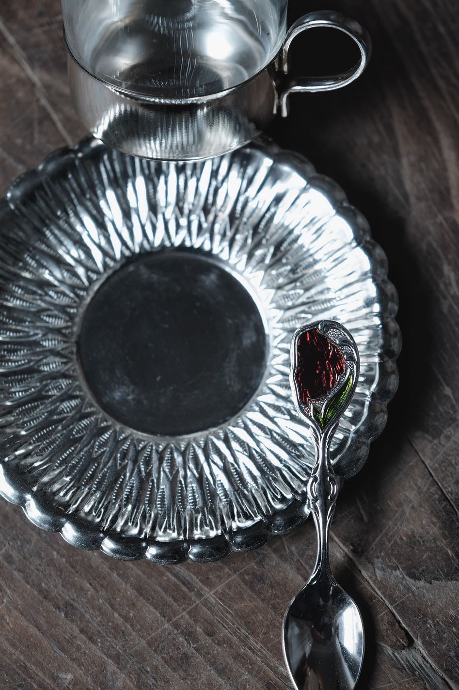 日本製· 不鏽鋼杯架玻璃杯碟連匙羹一套(170ml)