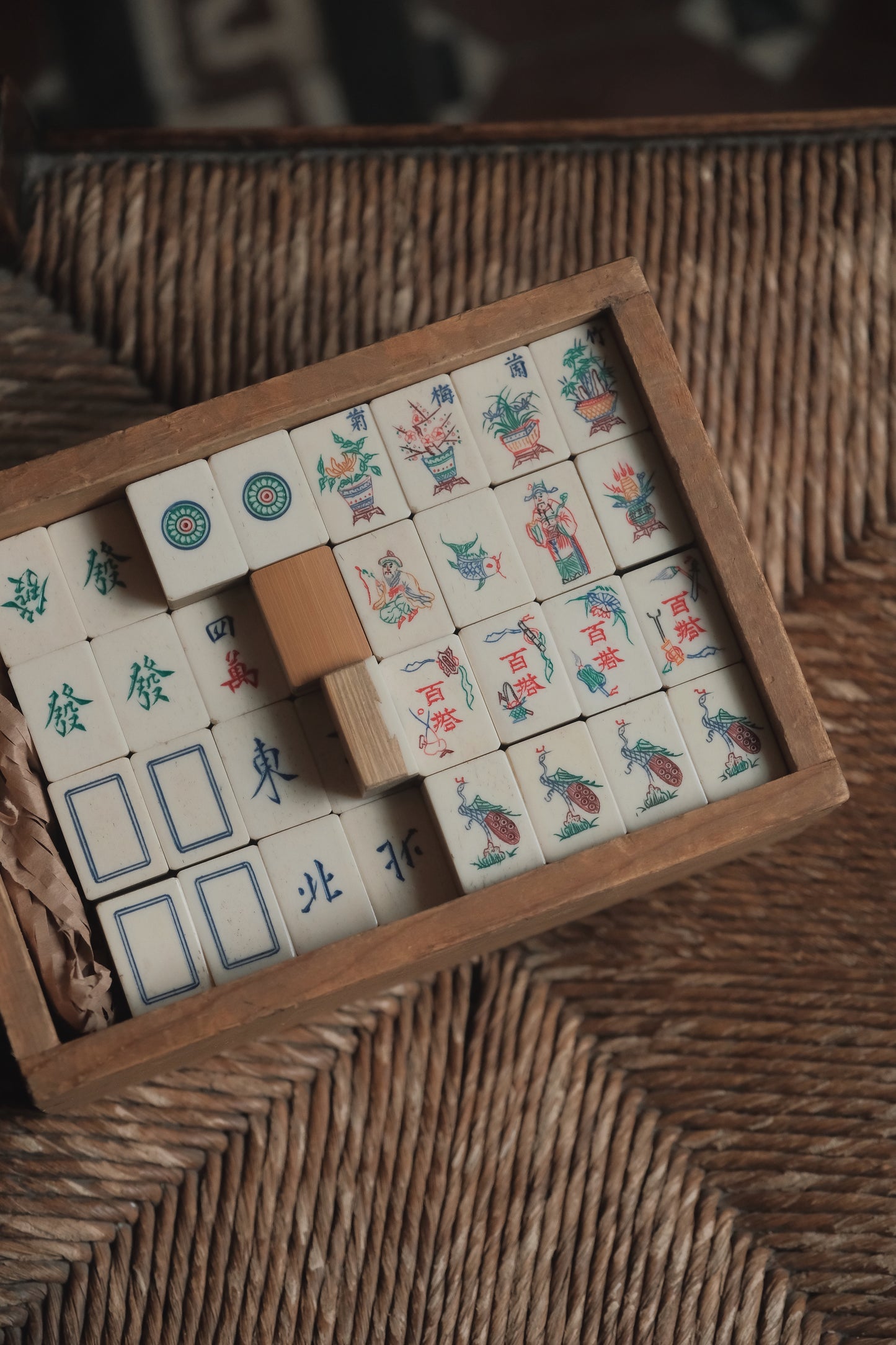 Vintage 1960s Hand-Carved Bamboo and Bone Mahjong Set