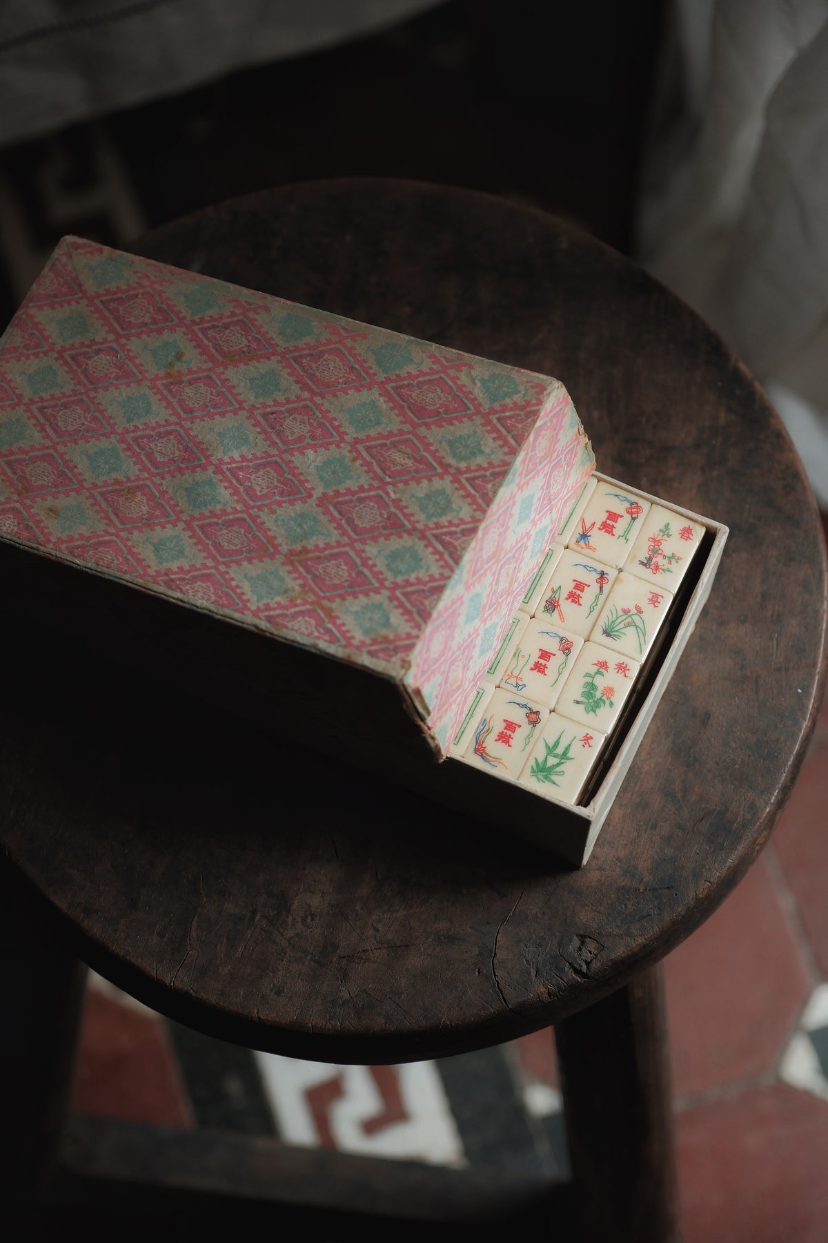 Vintage 1970s Bamboo-Backed Hand-Carved mahjong set.