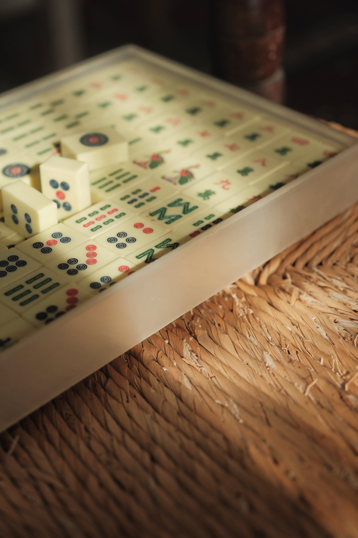 1970s Vintage Lathe-turned Machine-Engraved Figure Carved Mahjong Set