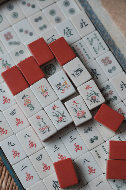 Vintage 1980s Hand-carved cat flower tiles plastic mahjong set