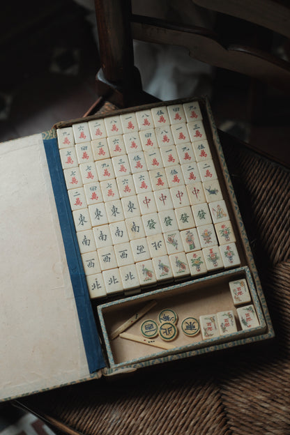 Vintage 1960s Hand-Carved Bone-and-Bamboo Mahjong Set