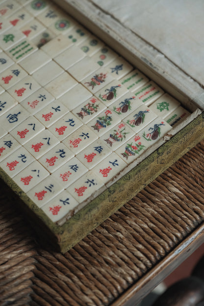 1970s Vintage Hand-Carved Bone-inlaid Bamboo-backed Mahjong Set