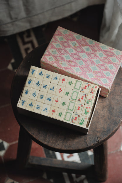 Vintage 1970s Bamboo-Backed Hand-Carved mahjong set.