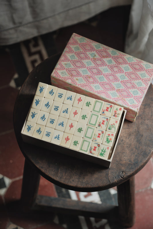 Vintage 1970s Bamboo-Backed Hand-Carved mahjong set.