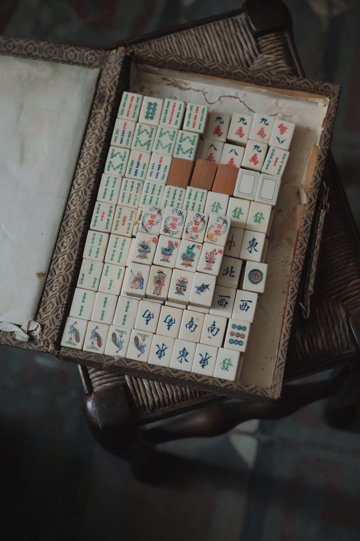 Vintage 1960s Hand-Carved Bamboo and Bone Mahjong Set