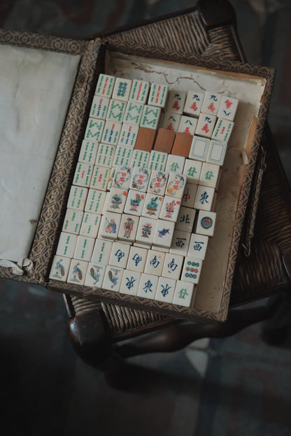 Vintage 1960s Hand-Carved Bamboo and Bone Mahjong Set