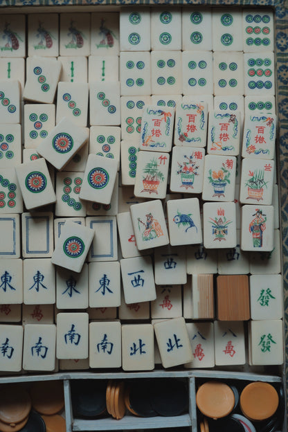 Vintage 1960s Hand-Carved Bamboo and Bone Mahjong Set