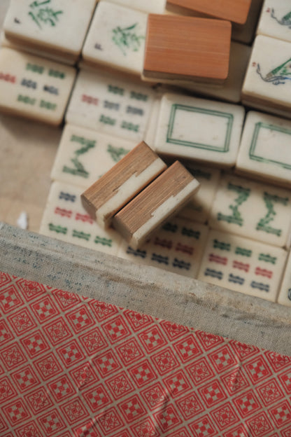 Vintage 1970s Hand-Carved Bone-and-Bamboo Mahjong Set