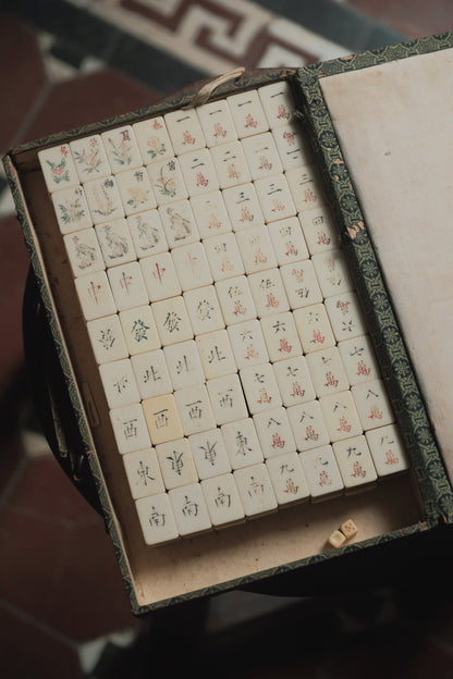Vintage 1960s Hand-Carved Bamboo and Bone Mahjong Set  Comes with two bone dice.