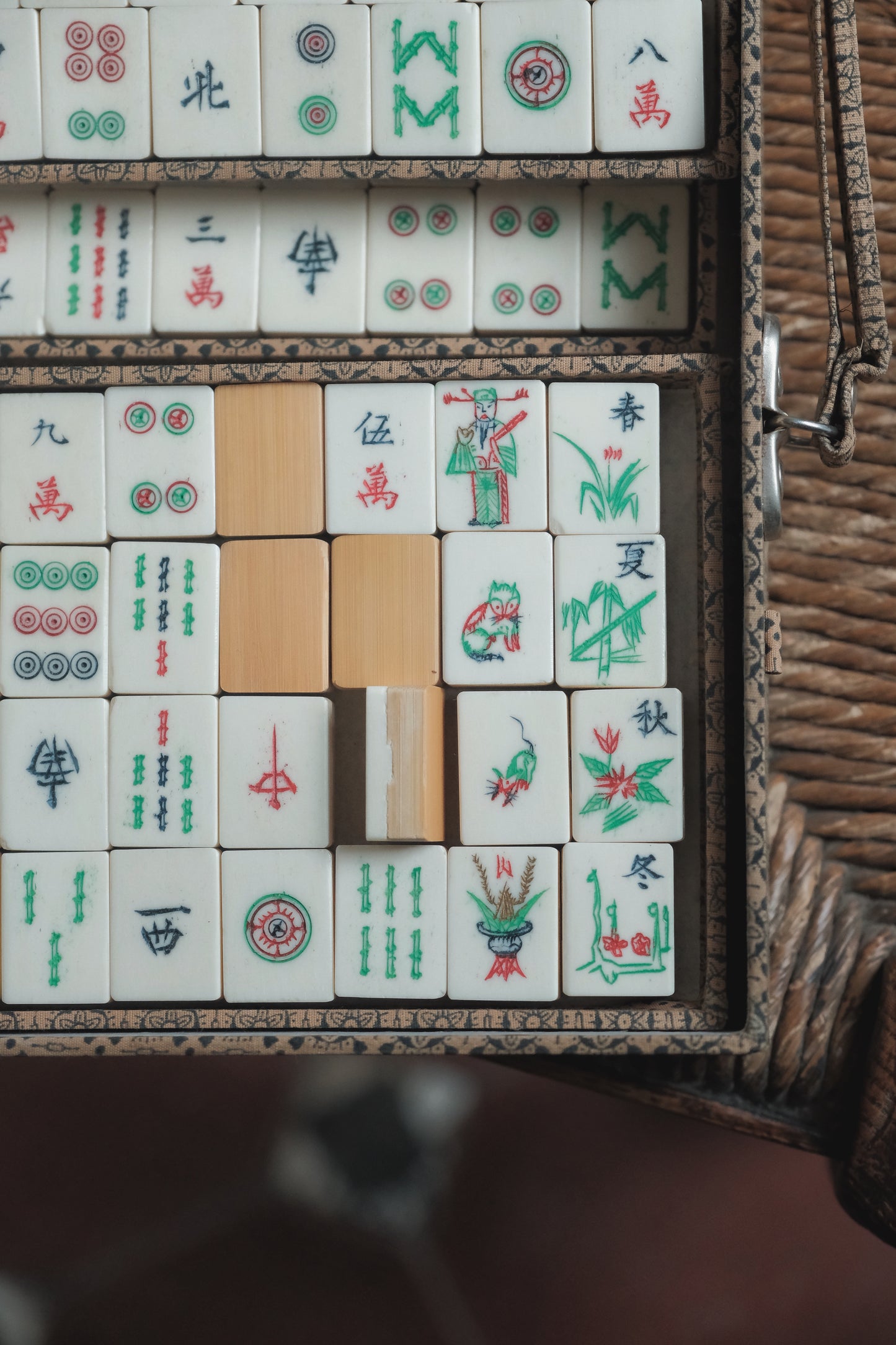 1970s Vintage Hand-Carved Bone-and-Bamboo Mahjong Set with Original Box