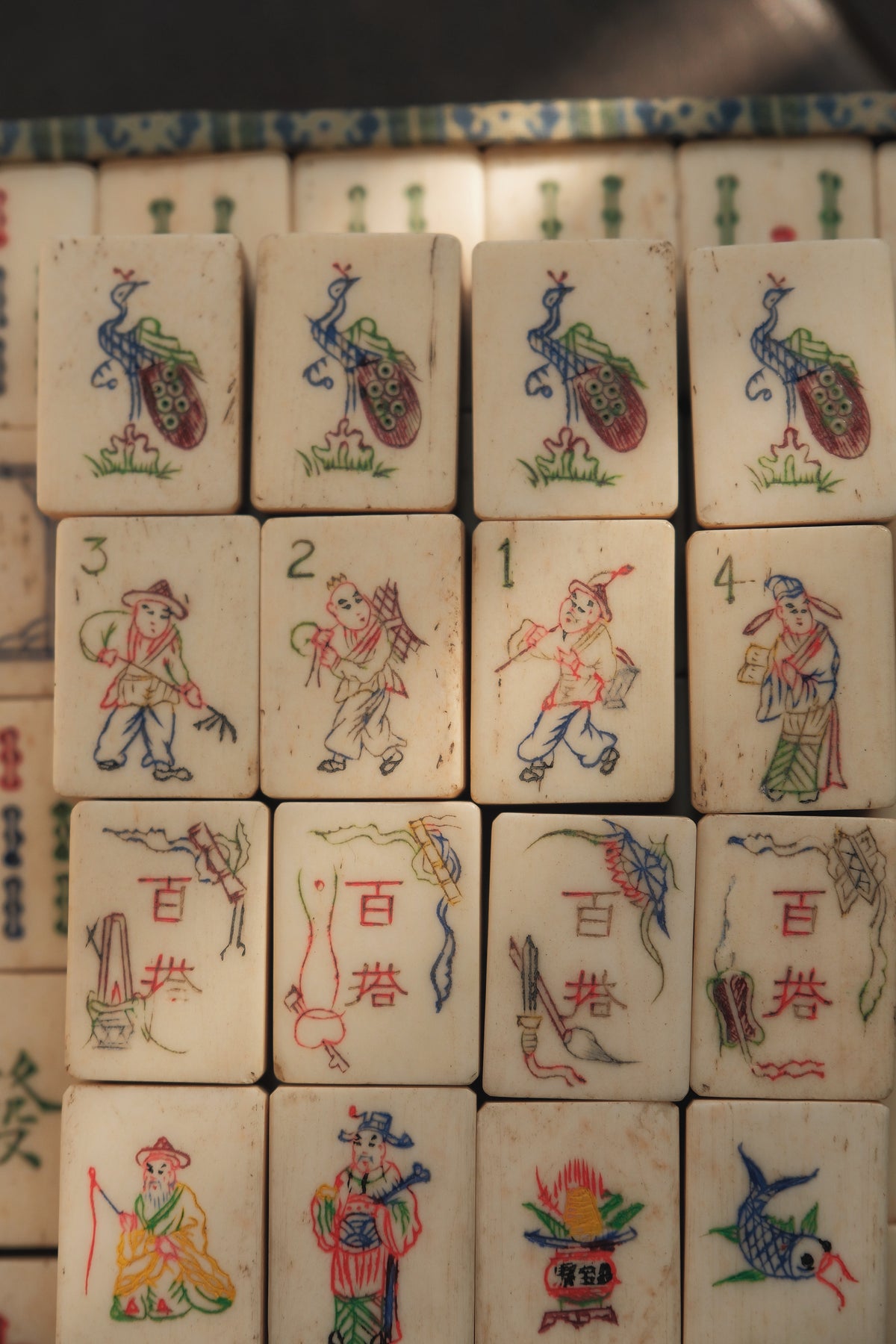 Vintage 1960s Hand-Carved Unique Iconography Flower Tiles Bone & Bamboo Mahjong