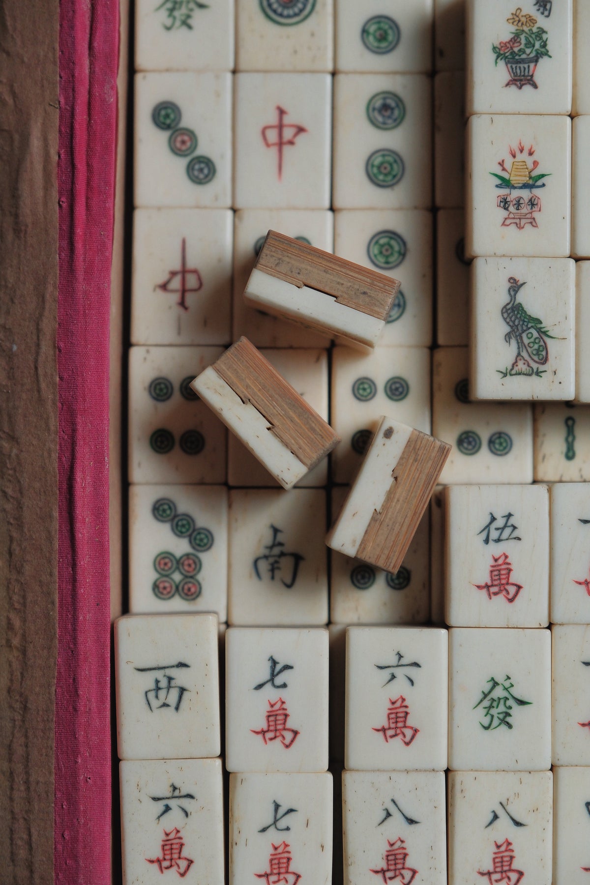 Vintage 1960s Hand-Carved Bamboo and Bone Mahjong Set