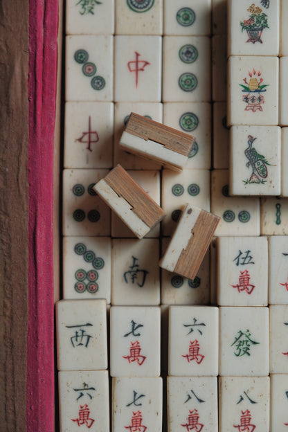 Vintage 1960s Hand-Carved Bamboo and Bone Mahjong Set