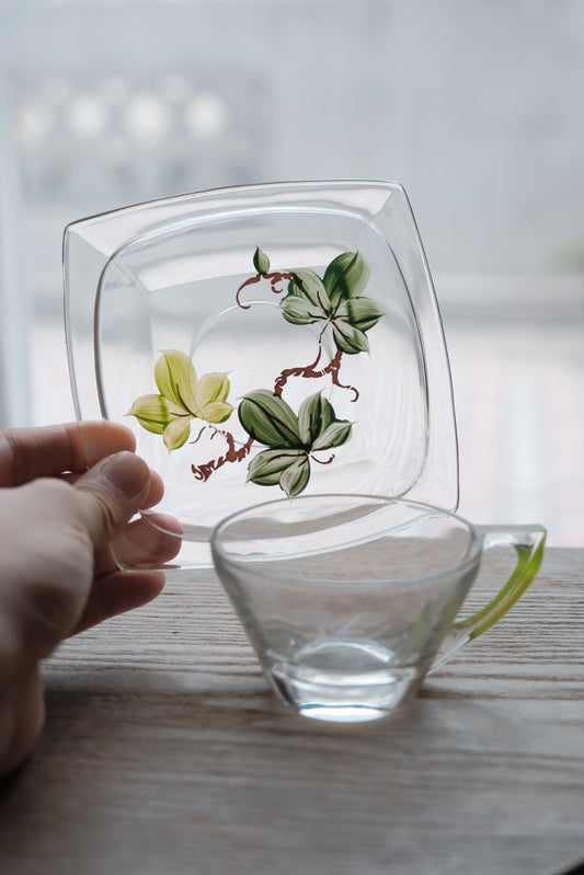 ($190)美國製 • 1950s Hazel 手繪綠色常春藤玻璃連碟(160ml)