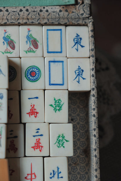 Vintage 1970s Hand-Carved Bone-and-Bamboo Mahjong Set