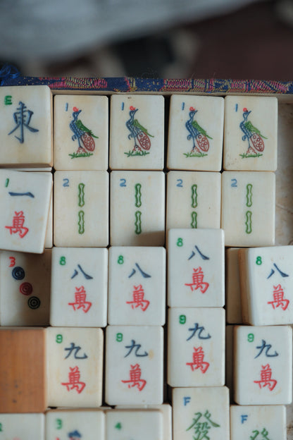 Vintage 1970s Export version Hand-Carved Bone-and-Bamboo Mahjong Set