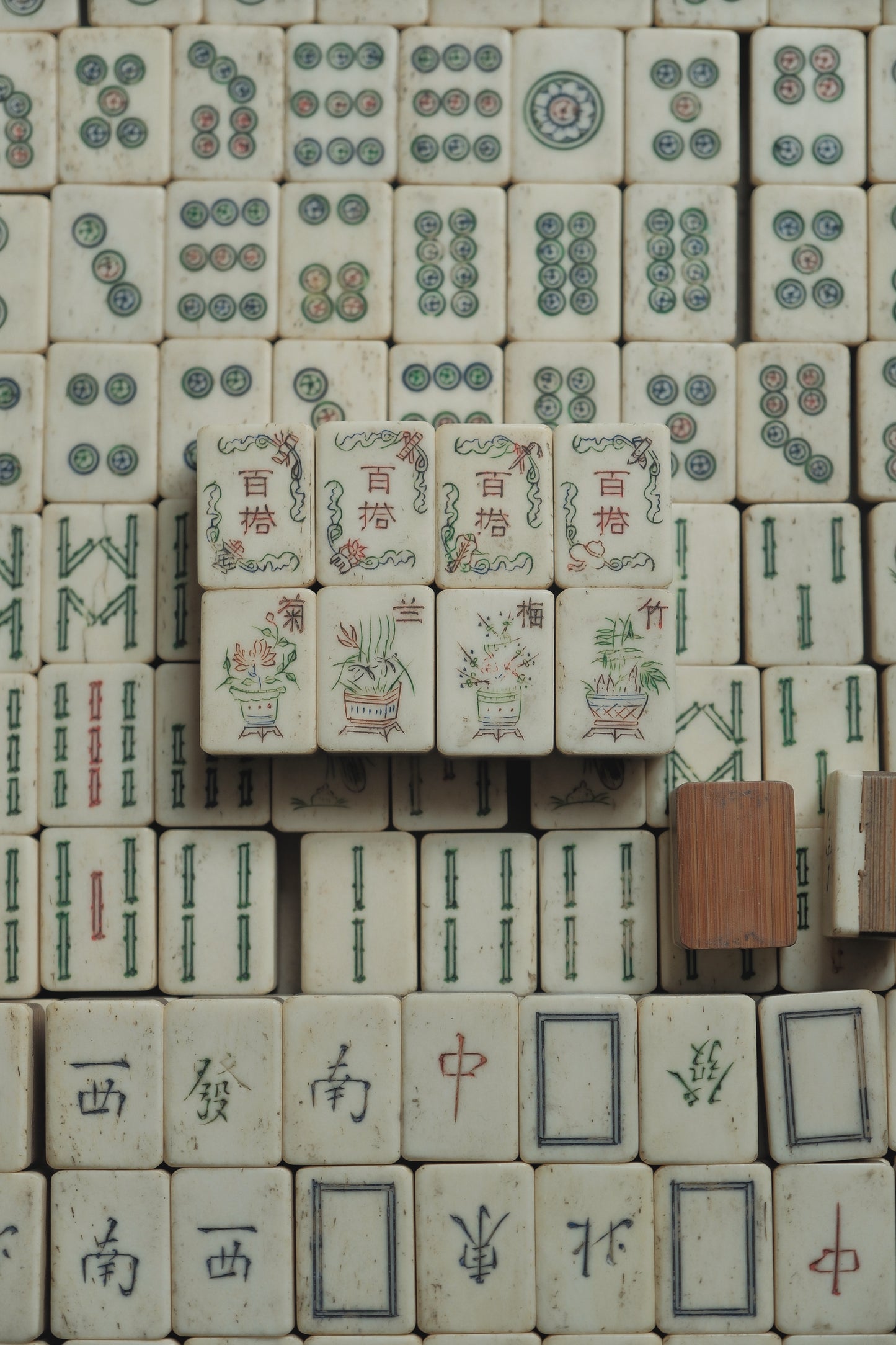 Vintage 1960s Hand-Carved Bamboo and Bone Mahjong Set