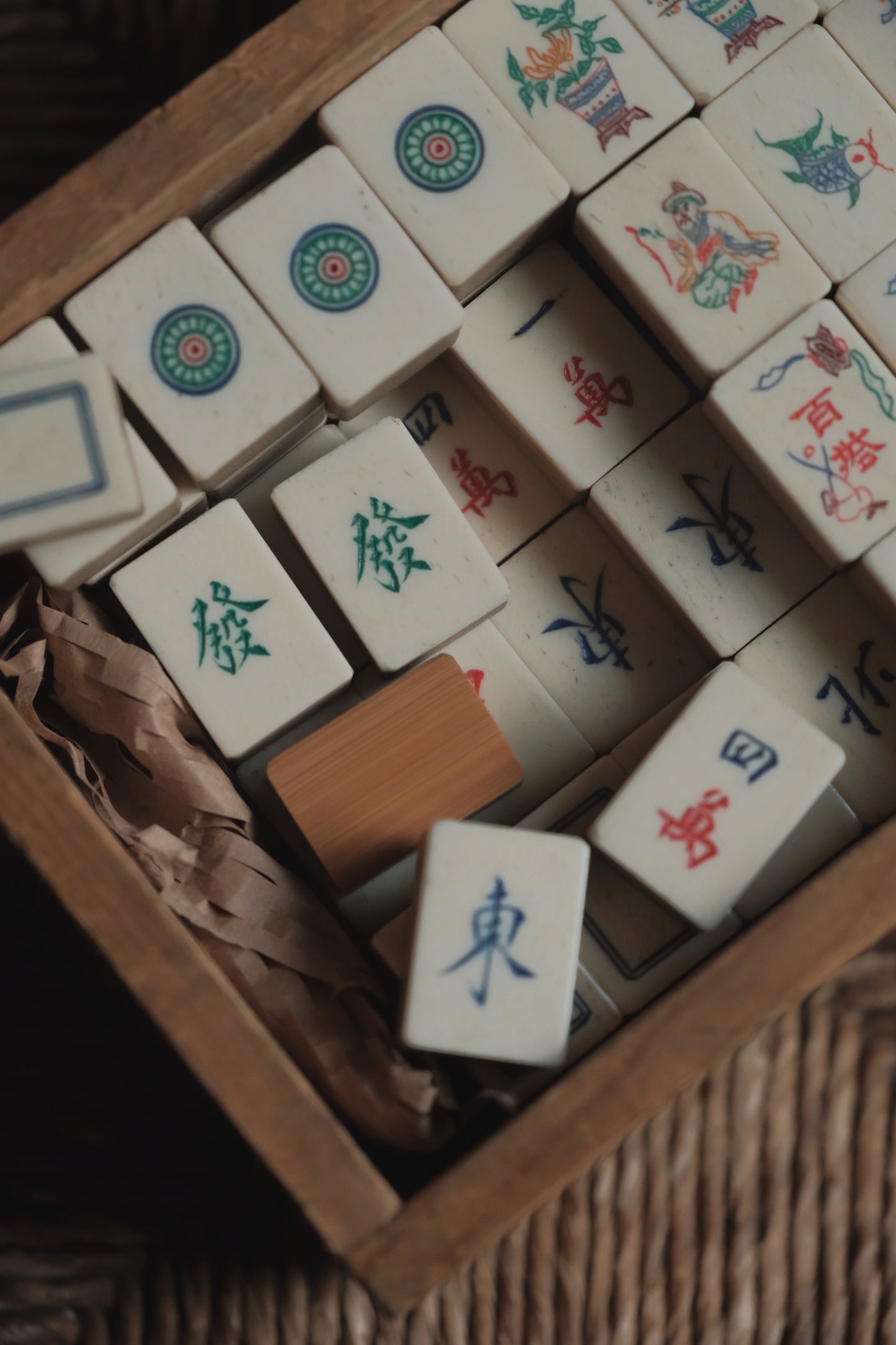 Vintage 1960s Hand-Carved Bamboo and Bone Mahjong Set