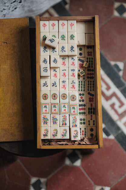 Vintage 1970s Hand-Carved Bone-and-Bamboo Mahjong Set