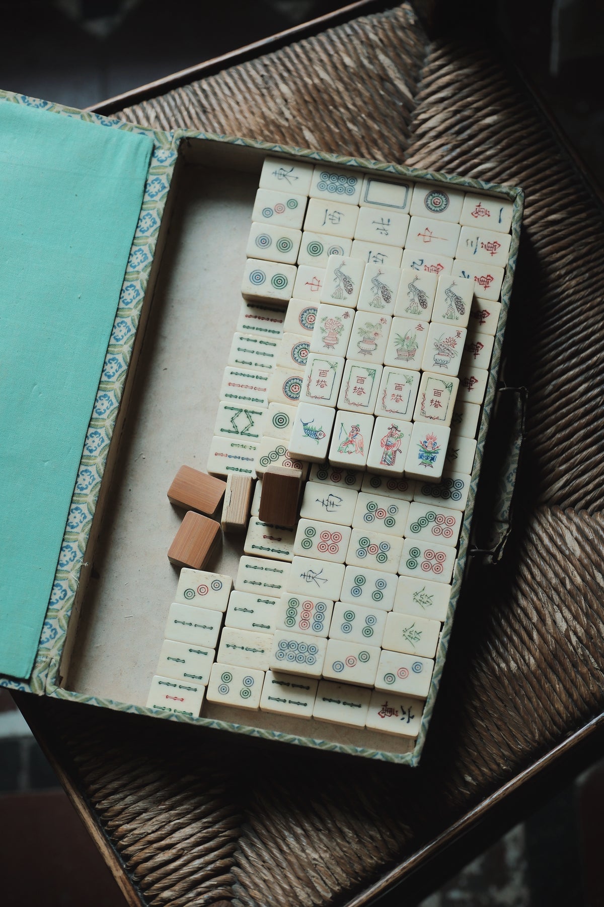 Vintage 1960s Hand-Carved Bamboo and Bone Mahjong Set