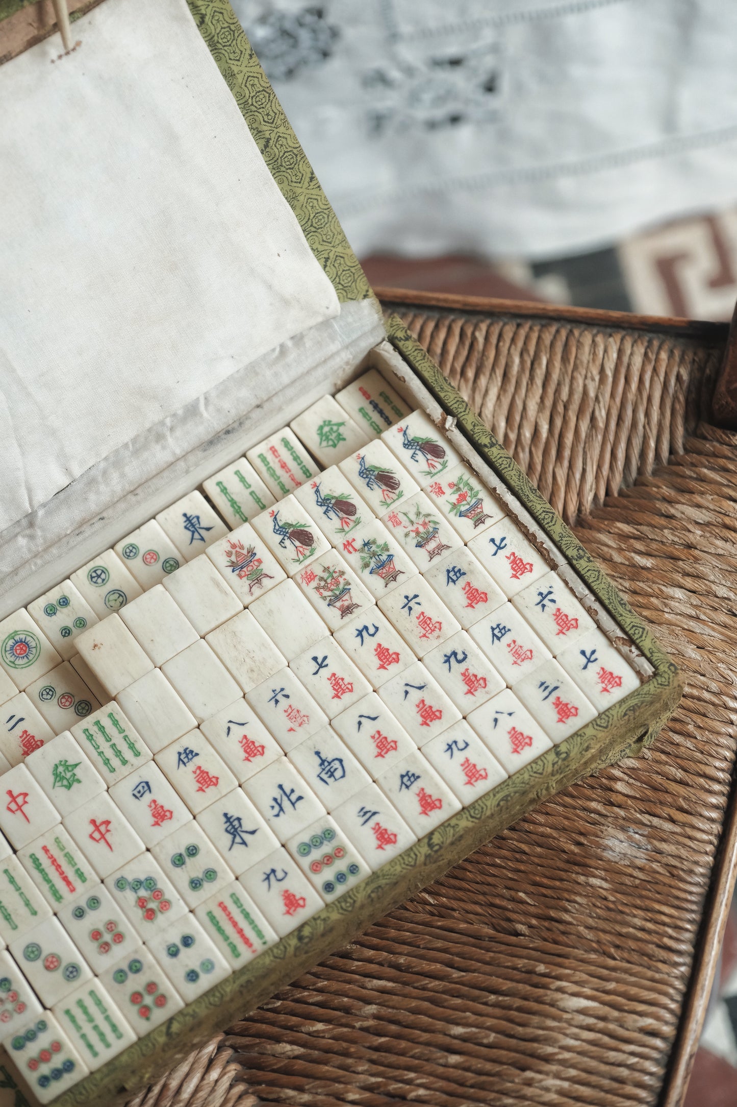1970s Vintage Hand-Carved Bone-inlaid Bamboo-backed Mahjong Set