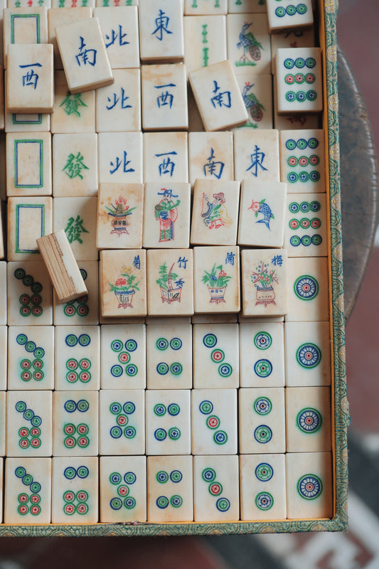 Vintage 1970s Hand-Carved Bone-and-Bamboo Mahjong Set