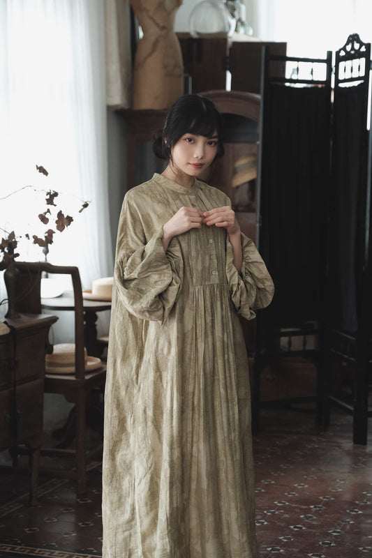 艾染天絲麻法式泡袖洋服