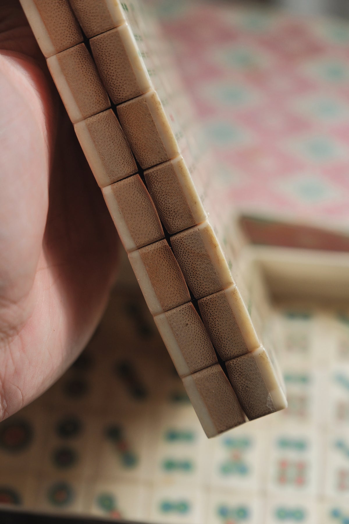 Vintage 1970s Bamboo-Backed Hand-Carved mahjong set.