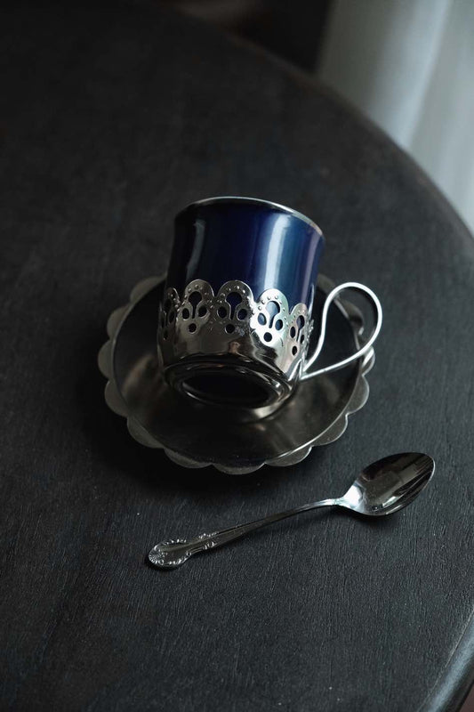 日本製· 鏤空金屬皇家藍陶瓷杯碟叉一套（120ml）