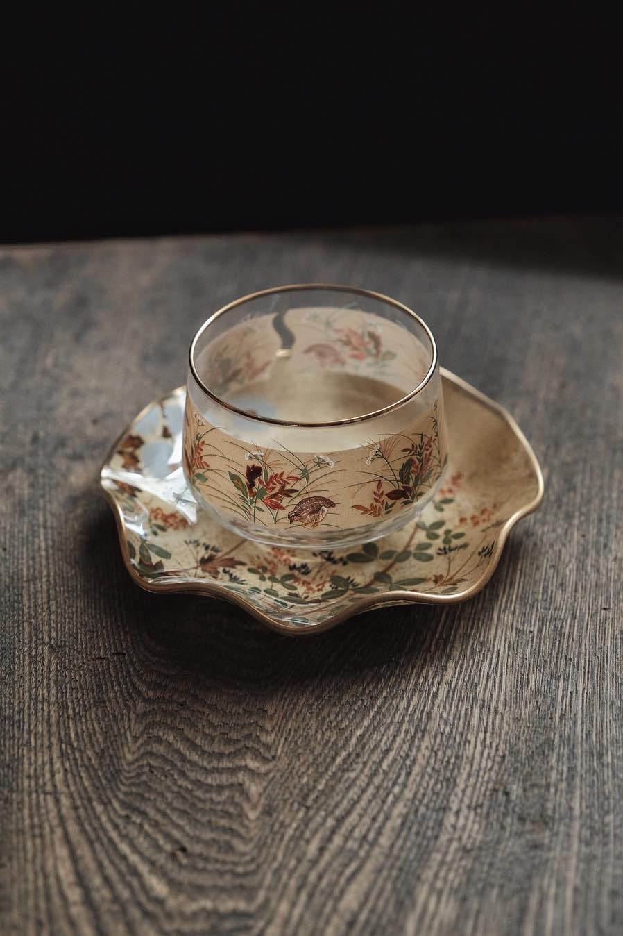 日本製•昭和光琳繪花鳥冷茶杯連碟(220ml)