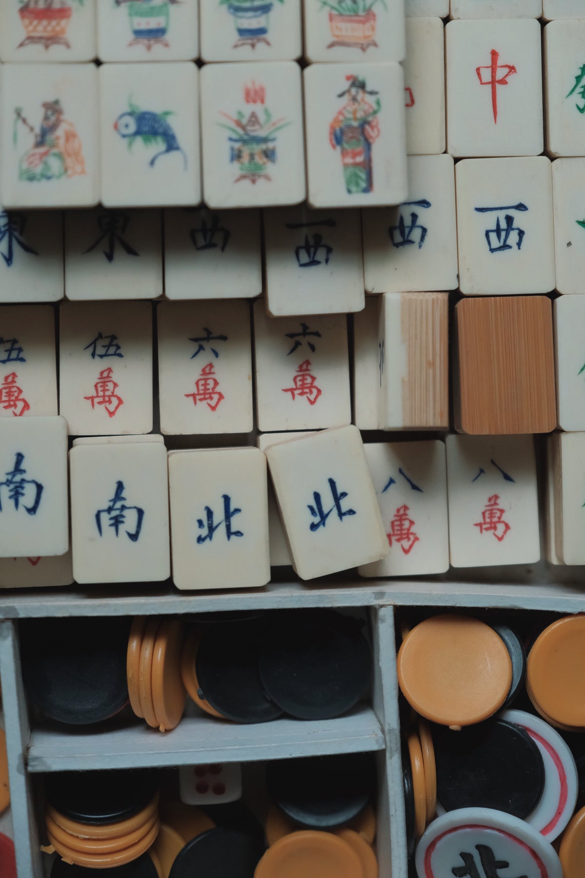 Vintage 1960s Hand-Carved Bamboo and Bone Mahjong Set