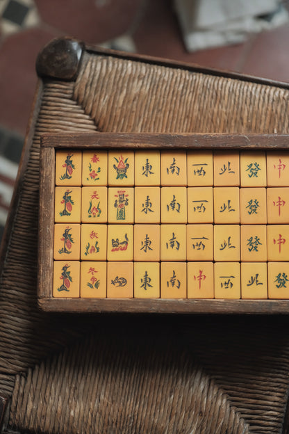 1970s Hand-Carved Celluloid and Bamboo-Backed Mahjong Set with Cat Tiles