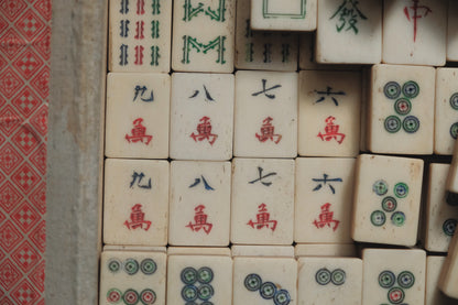 Vintage 1970s Hand-Carved Bone-and-Bamboo Mahjong Set