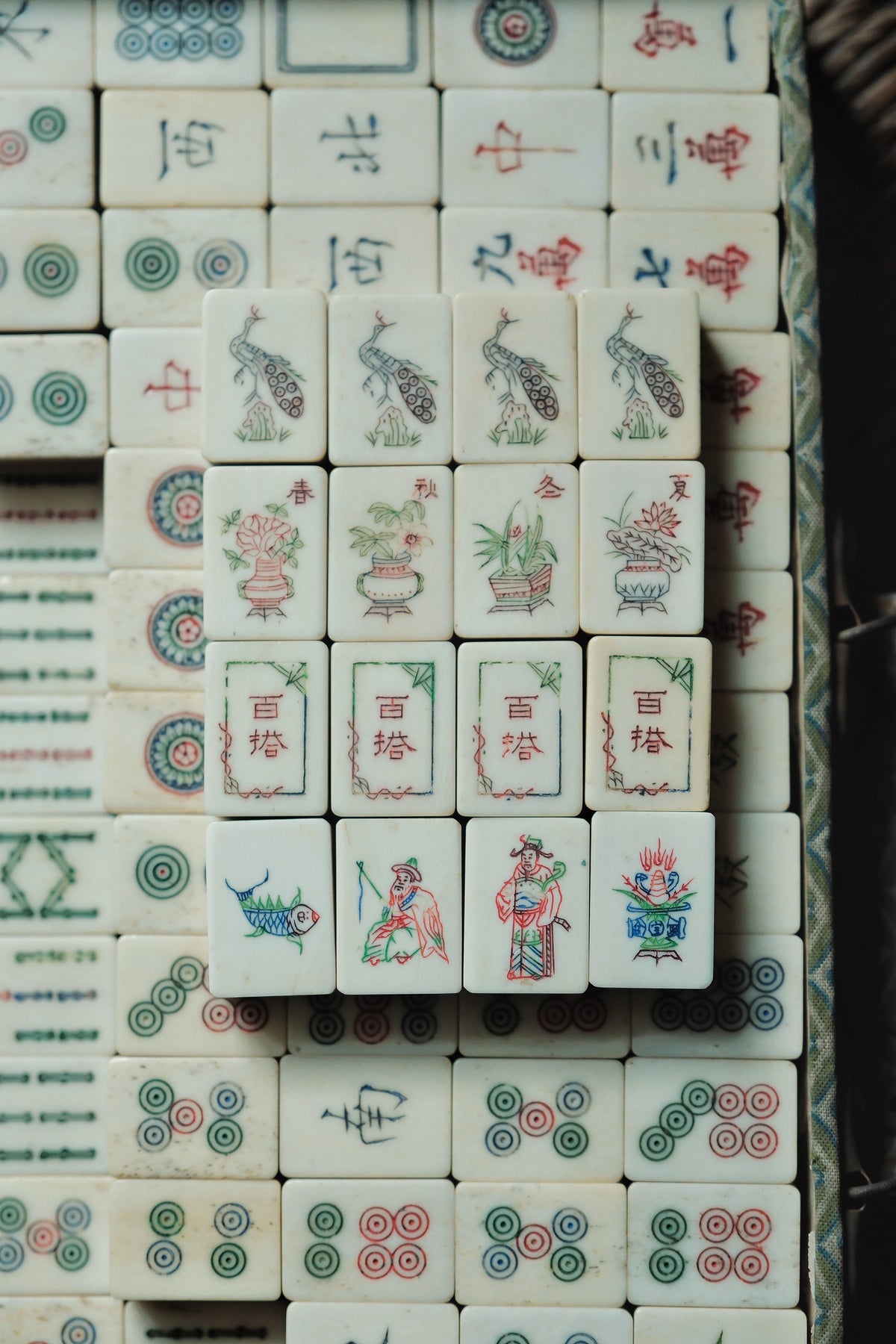 Vintage 1960s Hand-Carved Bamboo and Bone Mahjong Set