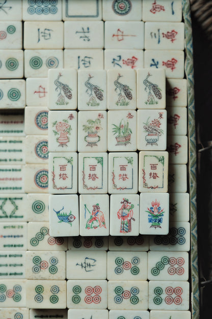 Vintage 1960s Hand-Carved Bamboo and Bone Mahjong Set
