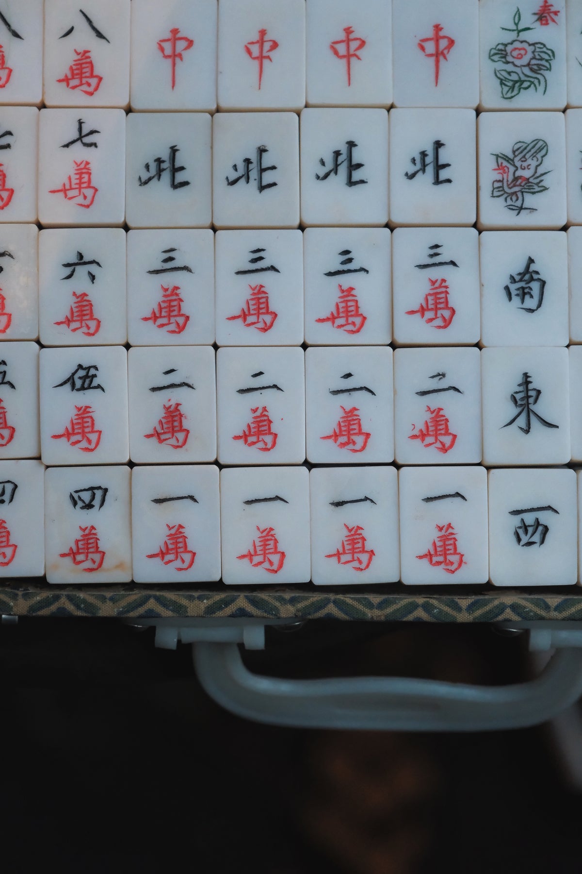 Vintage 1980s Hand-Carved Plastic and Bamboo Cantonese Mahjong Set