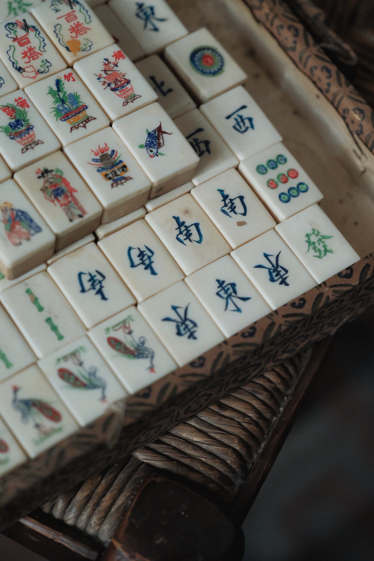Vintage 1960s Hand-Carved Bamboo and Bone Mahjong Set
