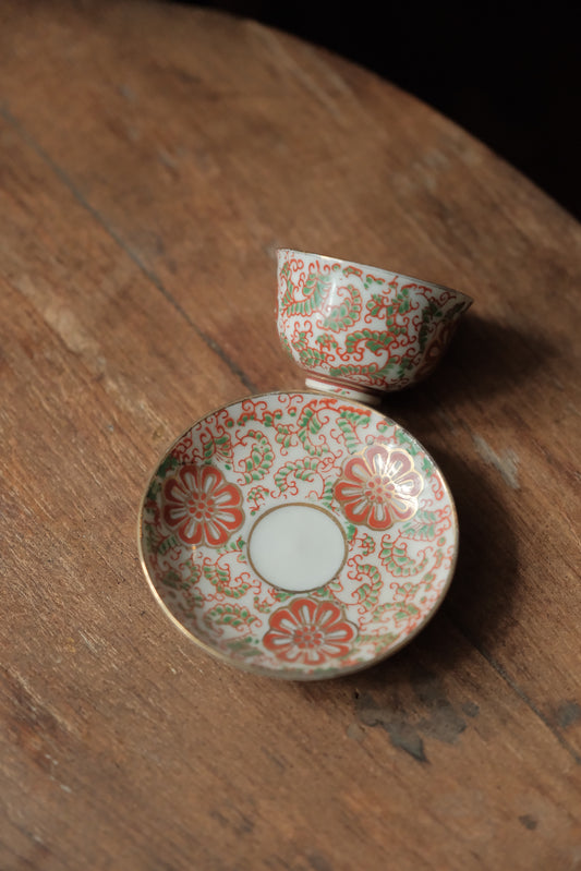 早期日本製•全手繪九谷燒青花內繪茶盞連碟（25ml）