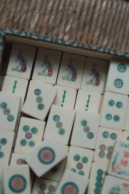 Vintage 1960s Hand-Carved Bamboo and Bone Mahjong Set