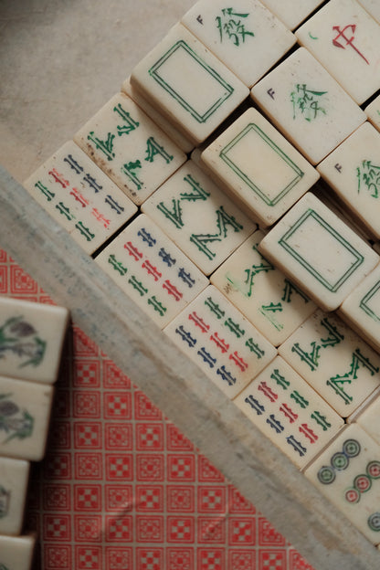 Vintage 1970s Hand-Carved Bone-and-Bamboo Mahjong Set