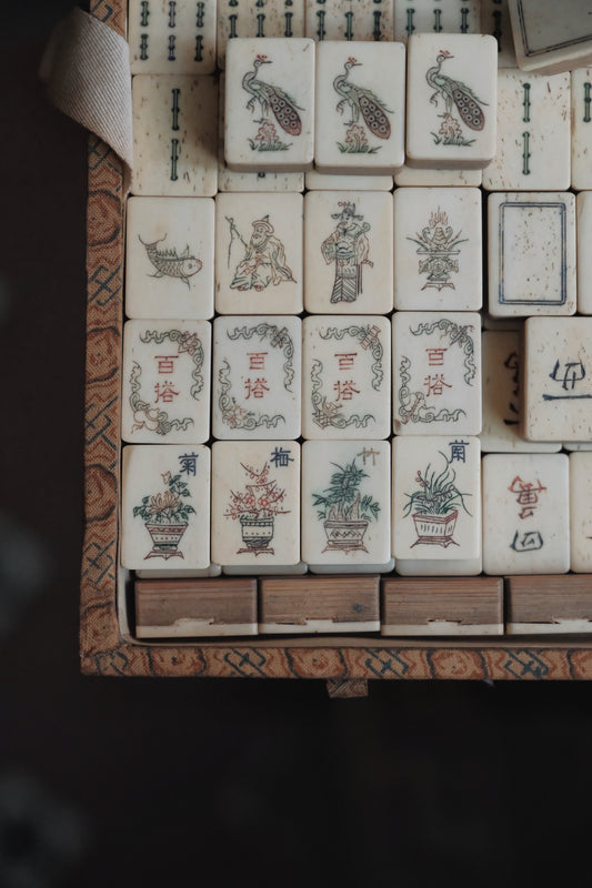 Vintage 1960s Hand-Carved Bone and Bamboo Mahjong Set