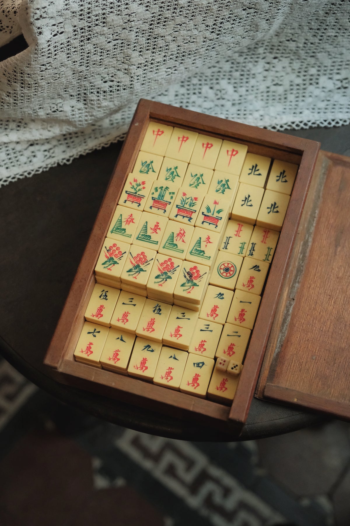 1970s  Hand-Carved Calligraphic Resin Mahjong Set (Faux Ivory) wooden box
