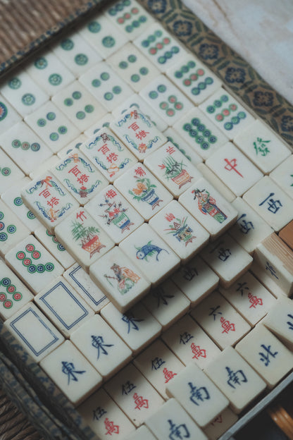 Vintage 1960s Hand-Carved Bamboo and Bone Mahjong Set